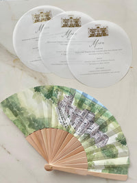 Ashridge House Venue Painted and Sketched | Hand Made 100% Wooden Custom Wedding Fan + Oval Menu Set