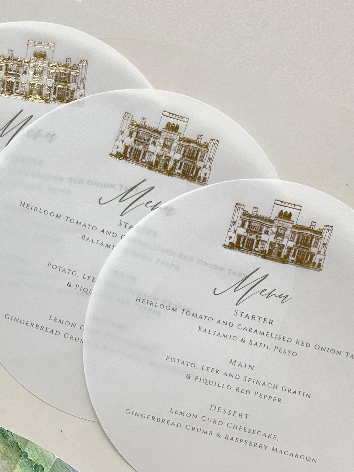Ashridge House Venue Painted and Sketched | Hand Made 100% Wooden Custom Wedding Fan + Oval Menu Set