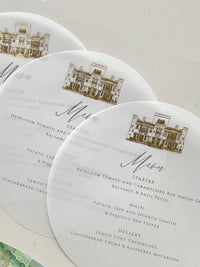 Ashridge House Venue Painted and Sketched | Hand Made 100% Wooden Custom Wedding Fan + Oval Menu Set