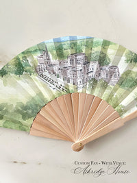 Ashridge House Venue Painted and Sketched | Hand Made 100% Wooden Custom Wedding Fan + Oval Menu Set
