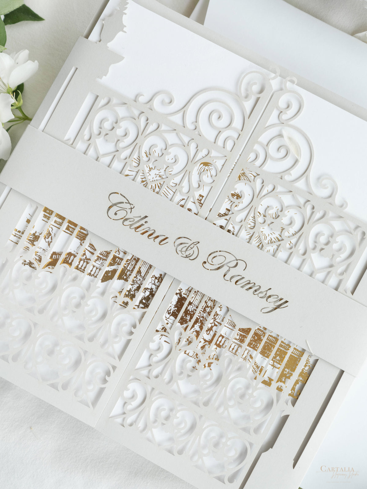 Your Own Venue Ornamental Gate Laser Cut  Foiled Venue Wedding Invitation.