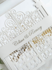 Your Own Venue Ornamental Gate Laser Cut  Foiled Venue Wedding Invitation.