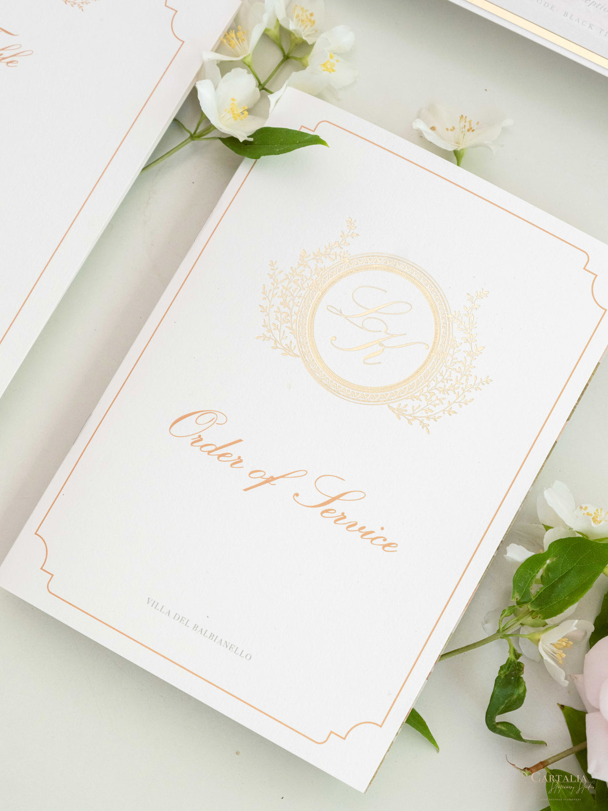 Bespoke Order Of Service with Watercolour Venue & Gold Foil | Villa del Balbianello, Lake Como Wedding