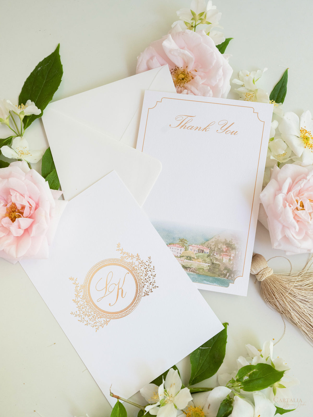 Bespoke Watercolour Thank You Cards with Gold Foil Monogram | Villa del Balbianello, Lake Como Wedding