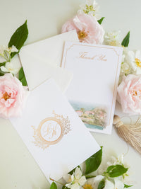 Bespoke Watercolour Thank You Cards with Gold Foil Monogram | Villa del Balbianello, Lake Como Wedding