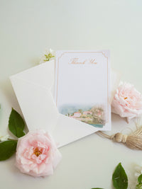 Bespoke Watercolour Thank You Cards with Gold Foil Monogram | Villa del Balbianello, Lake Como Wedding