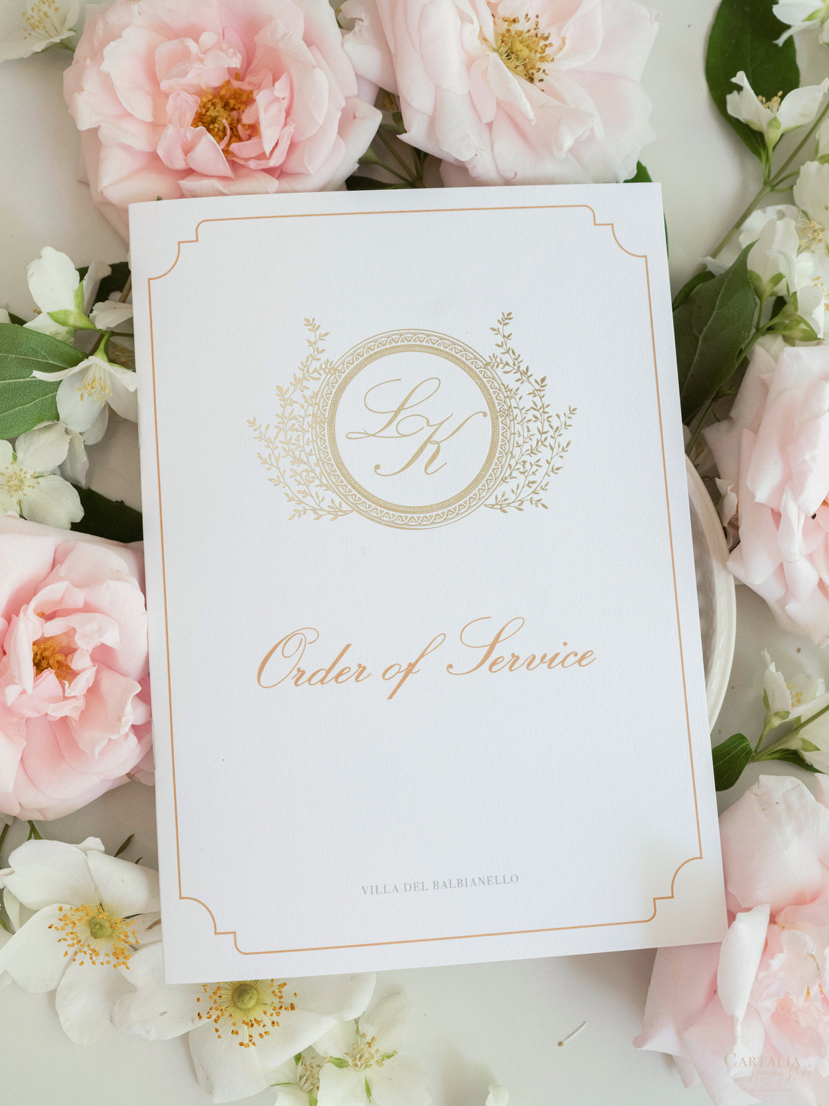 Bespoke Order Of Service with Watercolour Venue & Gold Foil | Villa del Balbianello, Lake Como Wedding