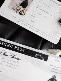Suite per inviti di nozze con passaporto di lusso nero con glitter argento e vera lamina d'argento