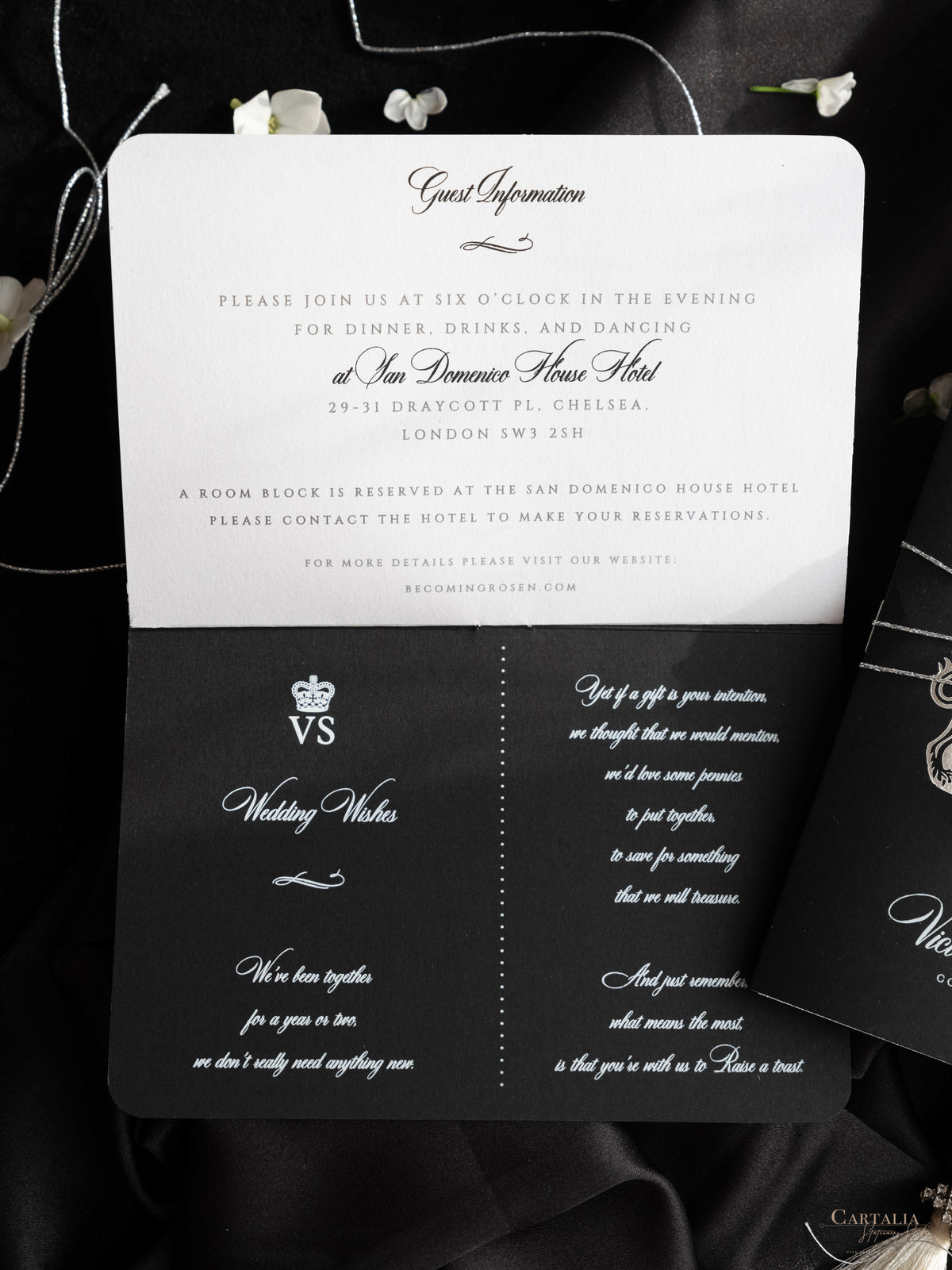 Suite per inviti di nozze con passaporto di lusso nero con glitter argento e vera lamina d'argento