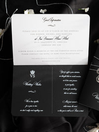 Suite per inviti di nozze con passaporto di lusso nero con glitter argento e vera lamina d'argento