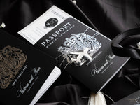 Suite per inviti di nozze con passaporto di lusso nero con glitter argento e vera lamina d'argento