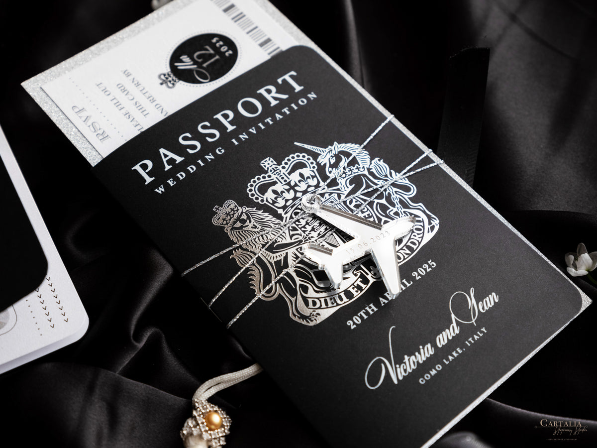Suite per inviti di nozze con passaporto di lusso nero con glitter argento e vera lamina d'argento