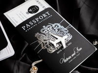Suite per inviti di nozze con passaporto di lusso nero con glitter argento e vera lamina d'argento