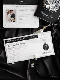 Suite per inviti di nozze con passaporto di lusso nero con glitter argento e vera lamina d'argento
