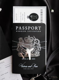 Suite per inviti di nozze con passaporto di lusso nero con glitter argento e vera lamina d'argento