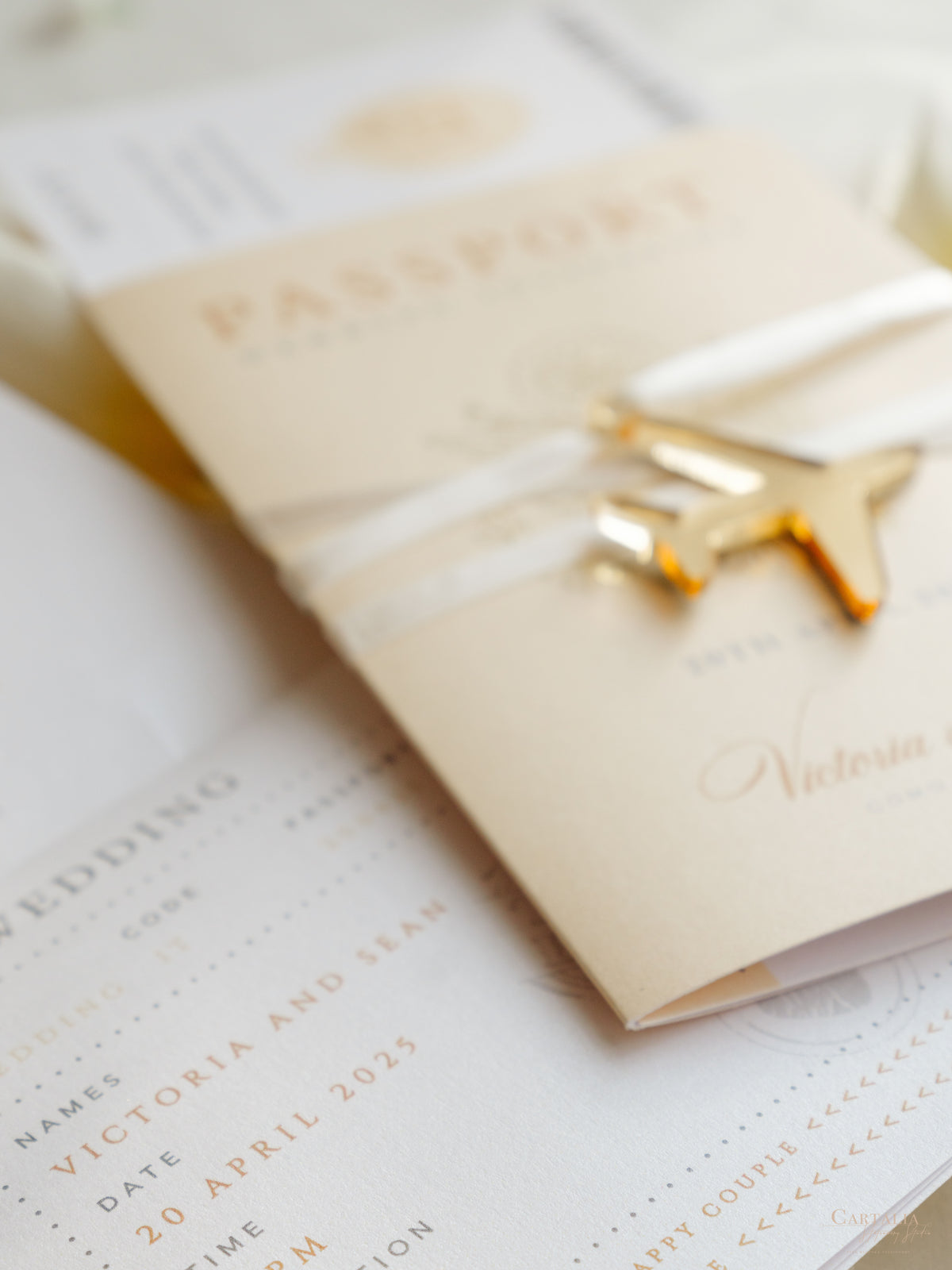 Invito a nozze con passaporto color nudo e oro - Aereo inciso di lusso in plexi dorato, invito a forma di palma
