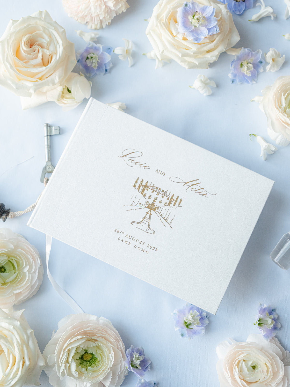 Personalized White Velvet Wedding Guest Book with Gold Foil Details | Villa Balbiano, Lake Como