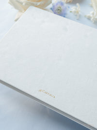 Personalized White Velvet Wedding Guest Book with Gold Foil Details | Villa Balbiano, Lake Como