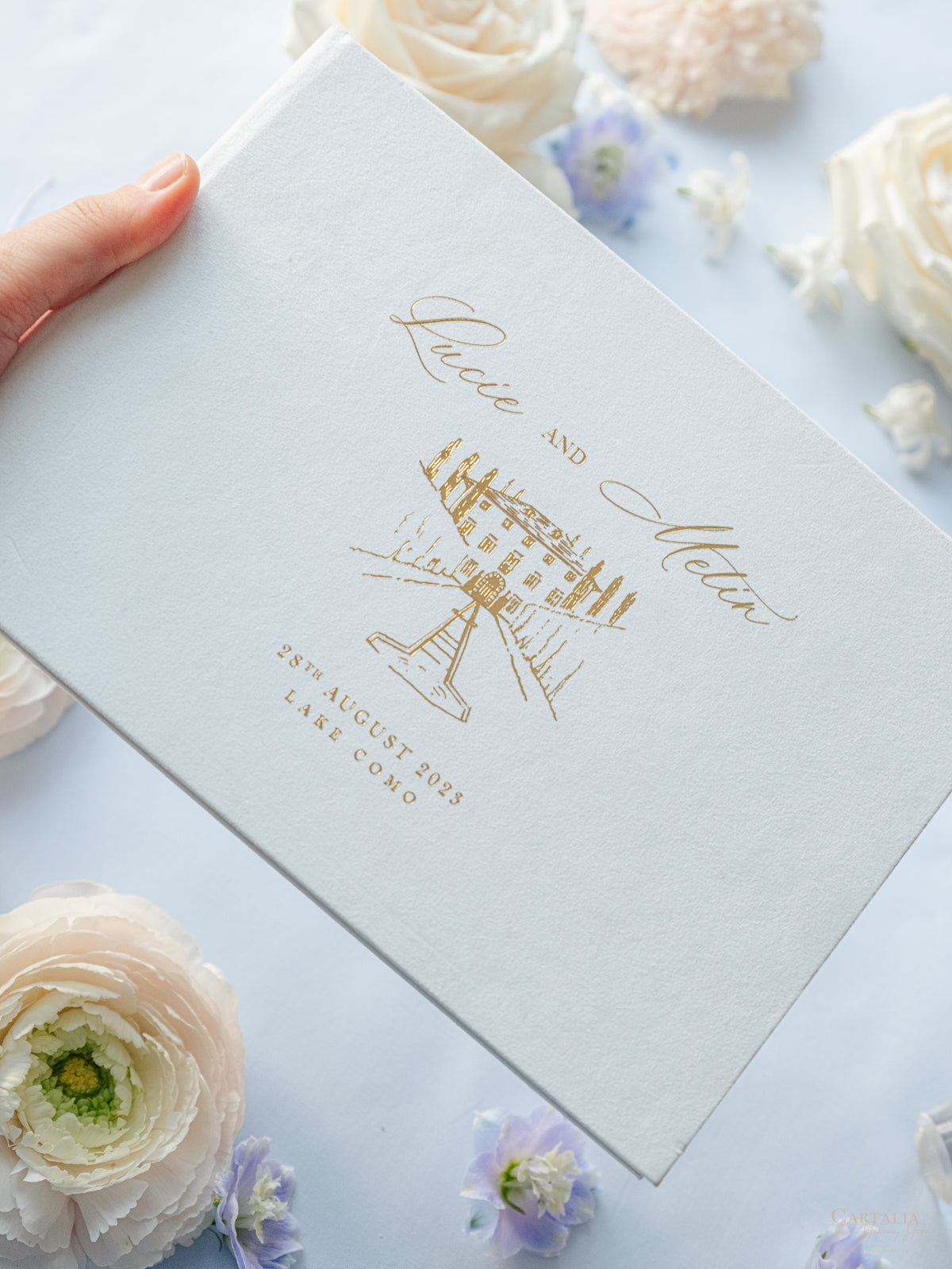 Personalized White Velvet Wedding Guest Book with Gold Foil Details | Villa Balbiano, Lake Como