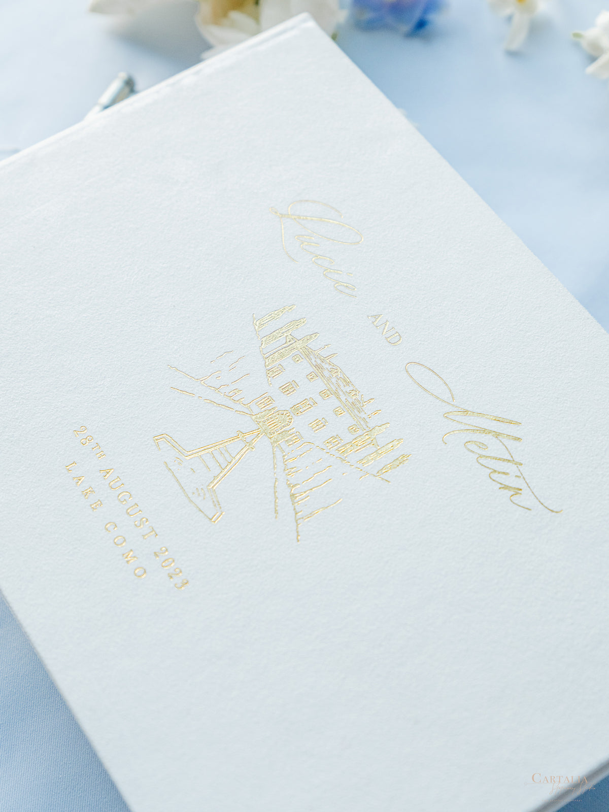 Personalized White Velvet Wedding Guest Book with Gold Foil Details | Villa Balbiano, Lake Como