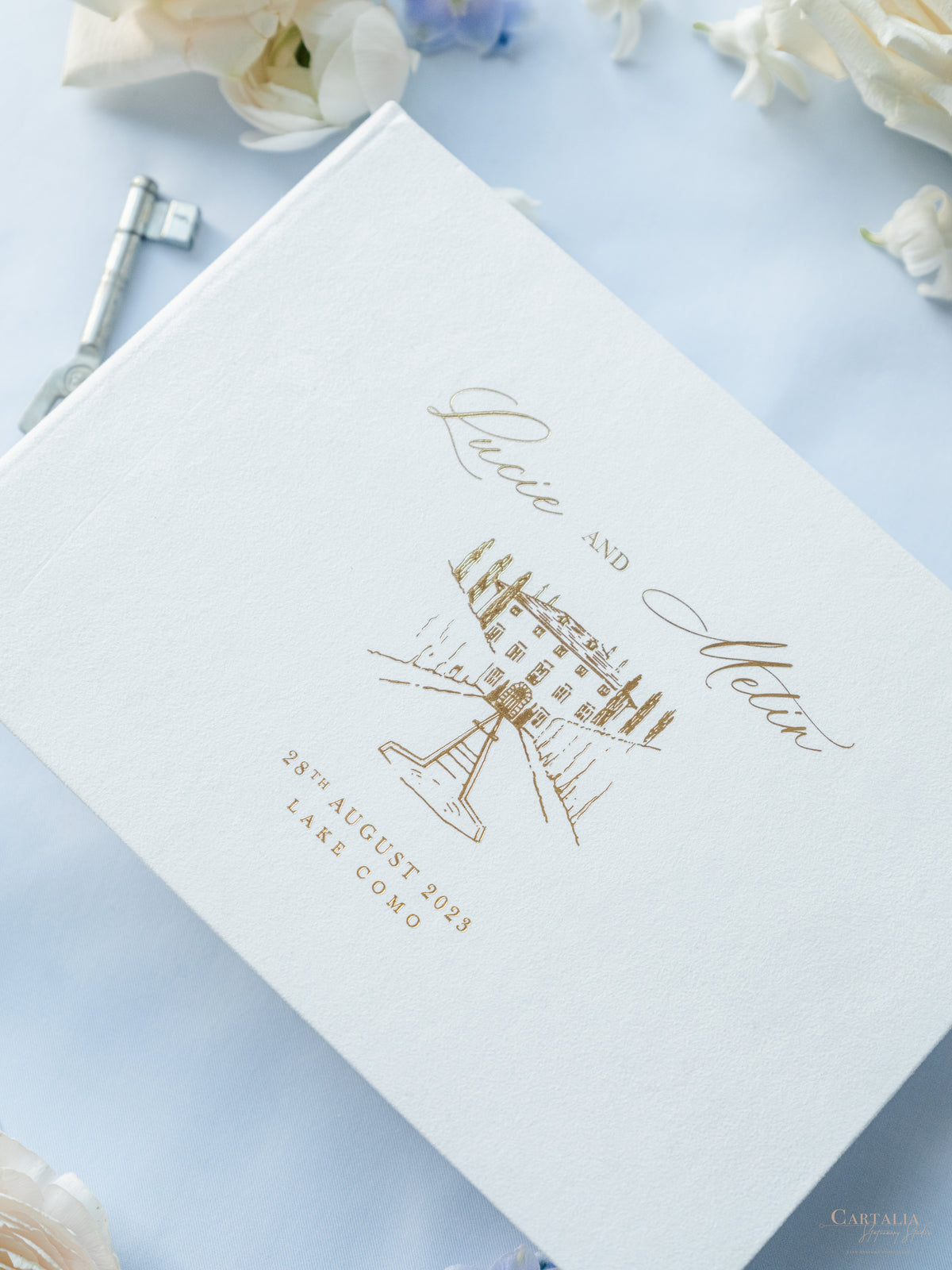 Personalized White Velvet Wedding Guest Book with Gold Foil Details | Villa Balbiano, Lake Como