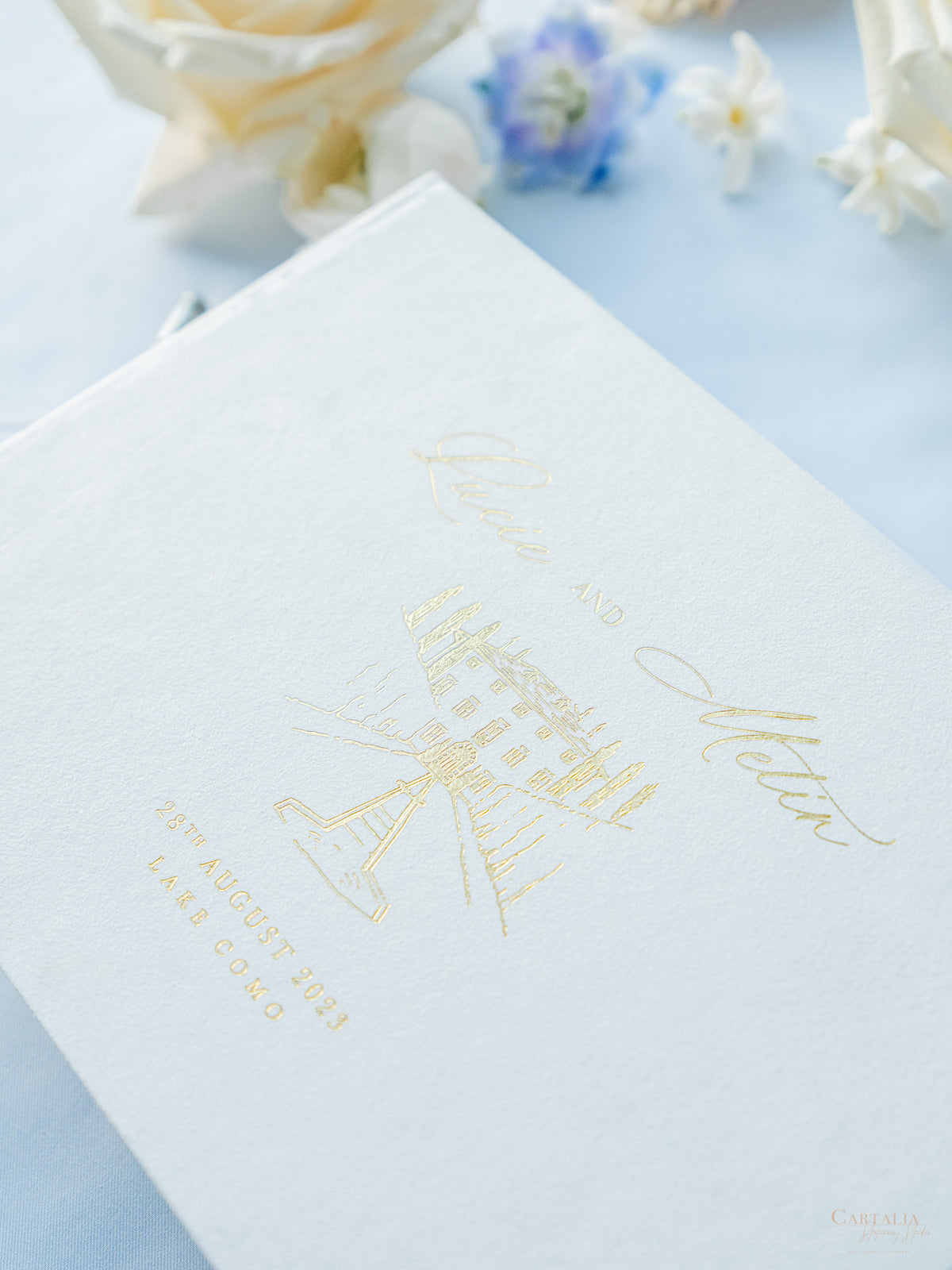 Personalized White Velvet Wedding Guest Book with Gold Foil Details | Villa Balbiano, Lake Como