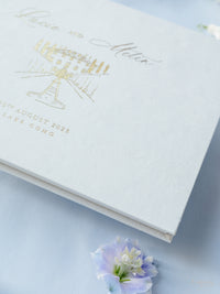 Personalized White Velvet Wedding Guest Book with Gold Foil Details | Villa Balbiano, Lake Como