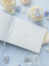 Personalized White Velvet Wedding Guest Book with Gold Foil Details | Villa Balbiano, Lake Como