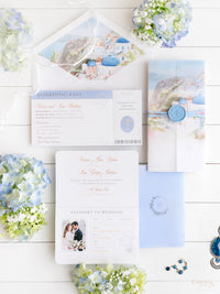 Passport Invitation Suite with Custom Vellum Watercolour Design | Santorini, Greece