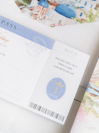 Passport Invitation Suite with Custom Vellum Watercolour Design | Santorini, Greece