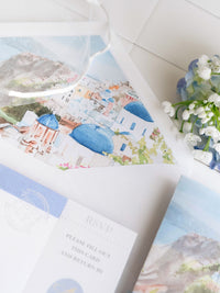 Passport Invitation Suite with Custom Vellum Watercolour Design | Santorini, Greece