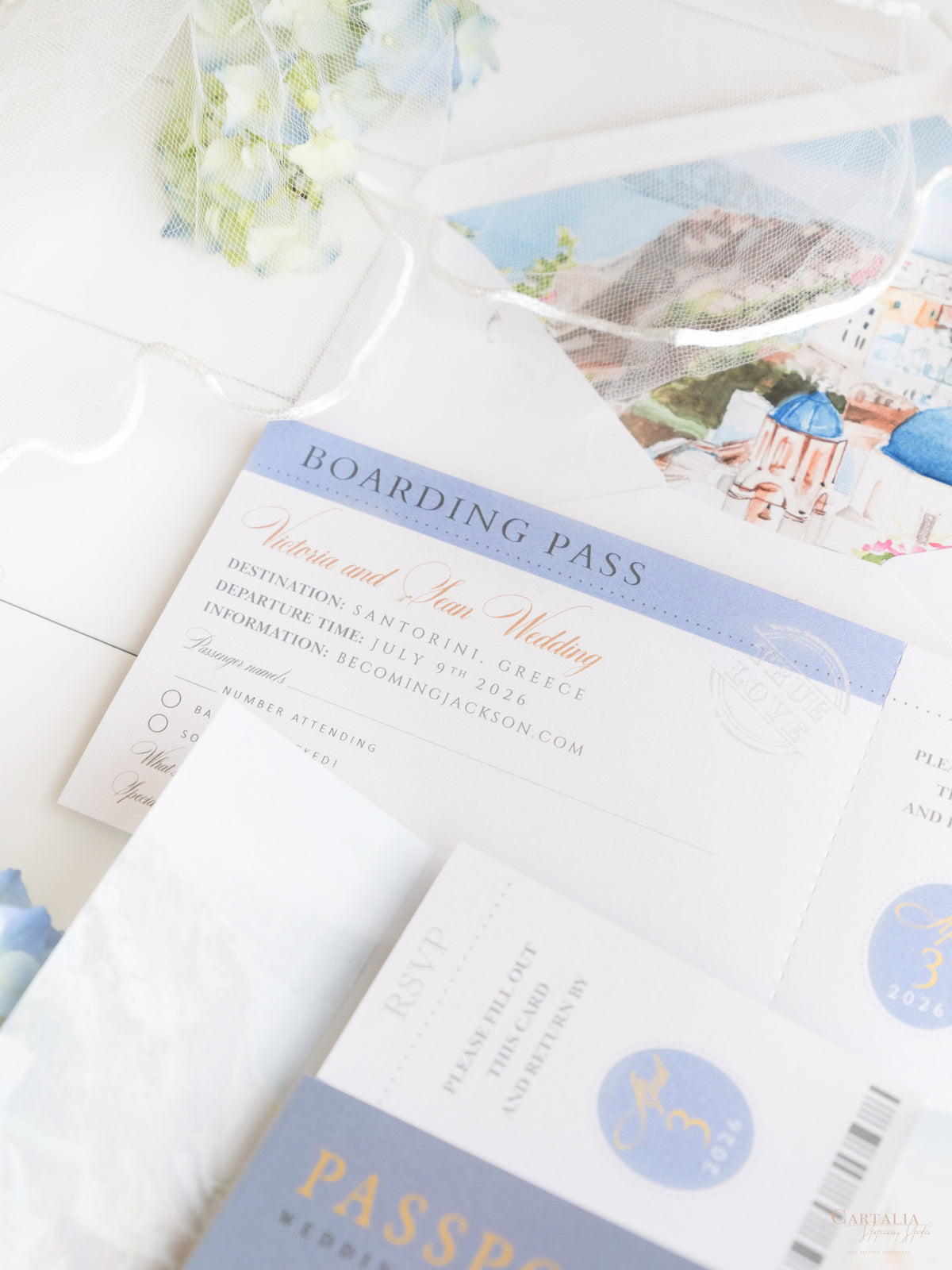 Passport Invitation Suite with Custom Vellum Watercolour Design | Santorini, Greece