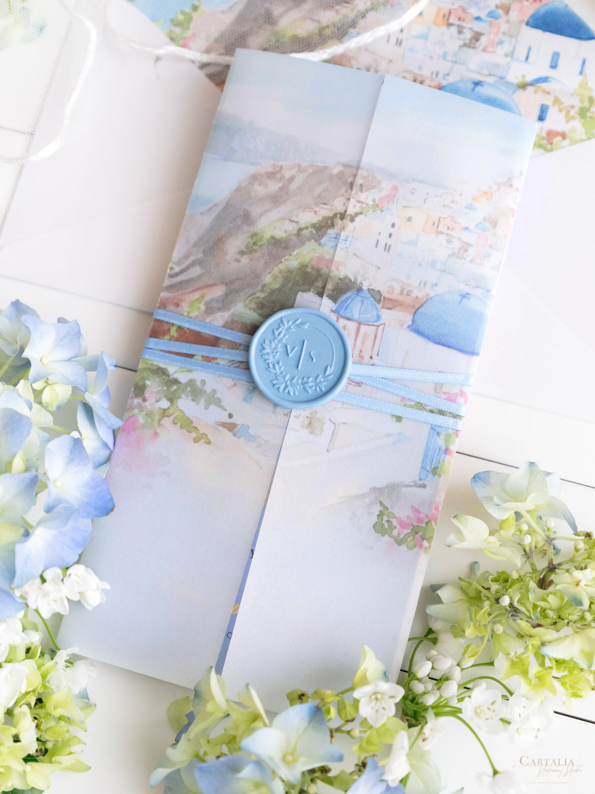 Passport Invitation Suite with Custom Vellum Watercolour Design | Santorini, Greece