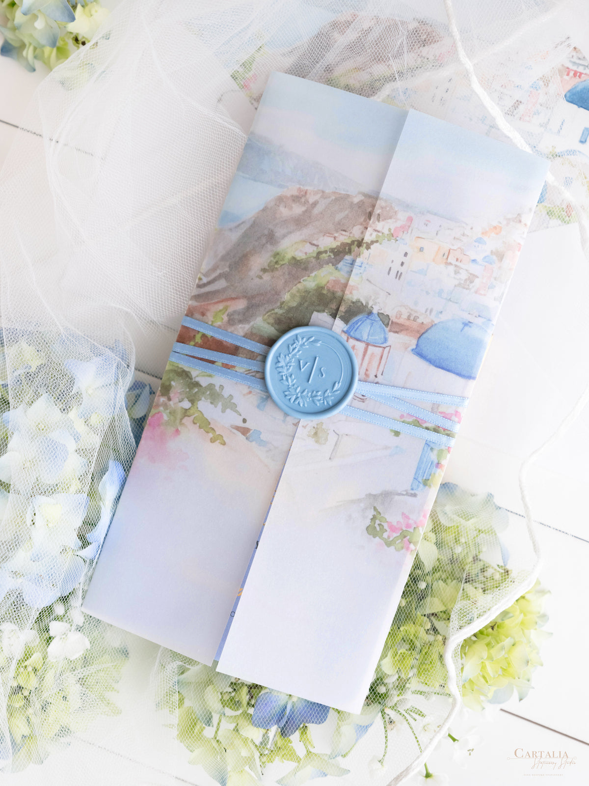 Passport Invitation Suite with Custom Vellum Watercolour Design | Santorini, Greece