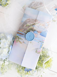 Passport Invitation Suite with Custom Vellum Watercolour Design | Santorini, Greece