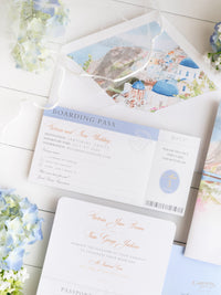 Passport Invitation Suite with Custom Vellum Watercolour Design | Santorini, Greece