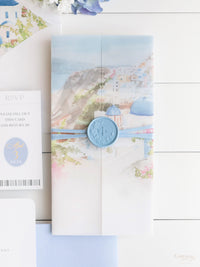 Passport Invitation Suite with Custom Vellum Watercolour Design | Santorini, Greece