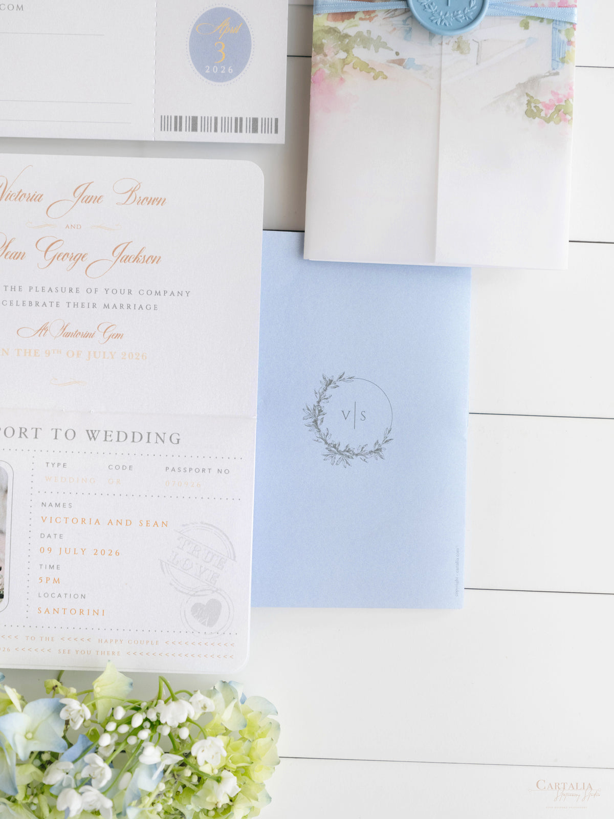 Passport Invitation Suite with Custom Vellum Watercolour Design | Santorini, Greece