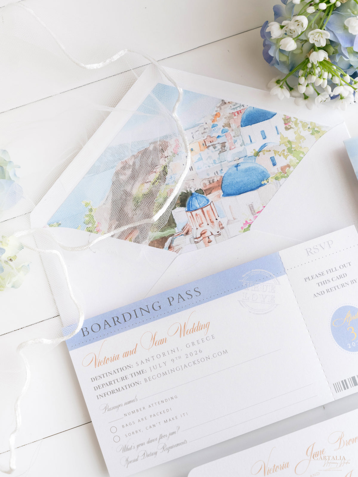 Passport Invitation Suite with Custom Vellum Watercolour Design | Santorini, Greece