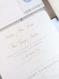 Passport Invitation Suite with Custom Vellum Watercolour Design | Santorini, Greece