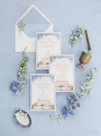 Invito personalizzato per la location del matrimonio in acquerello con lamina d'oro | Villa Regina Teodolinda | Lago di Como