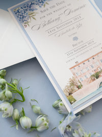 Invito personalizzato per la location del matrimonio in acquerello con lamina d'oro | Villa Regina Teodolinda | Lago di Como