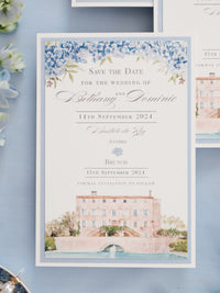 Invito personalizzato per la location del matrimonio in acquerello con lamina d'oro | Villa Regina Teodolinda | Lago di Como