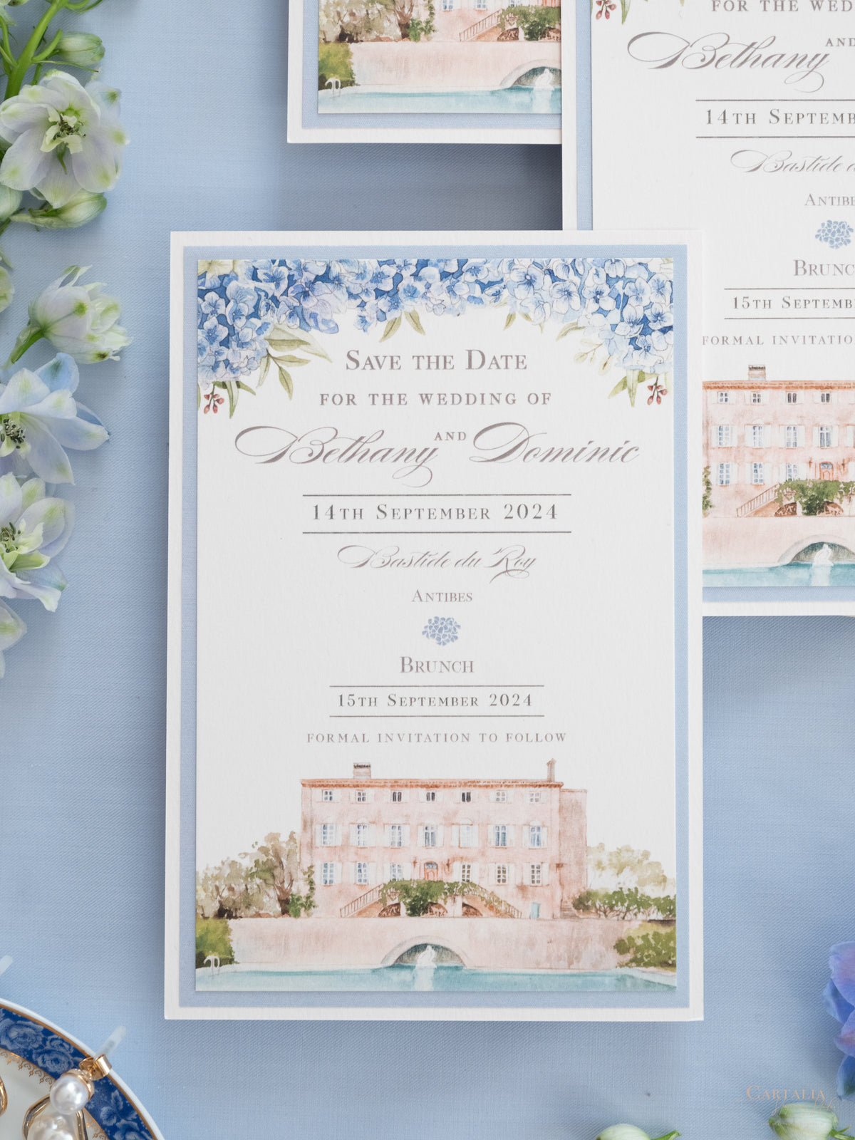 Invito personalizzato per la location del matrimonio in acquerello con lamina d'oro | Villa Regina Teodolinda | Lago di Como