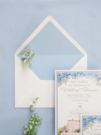 Invito personalizzato per la location del matrimonio in acquerello con lamina d'oro | Villa Regina Teodolinda | Lago di Como