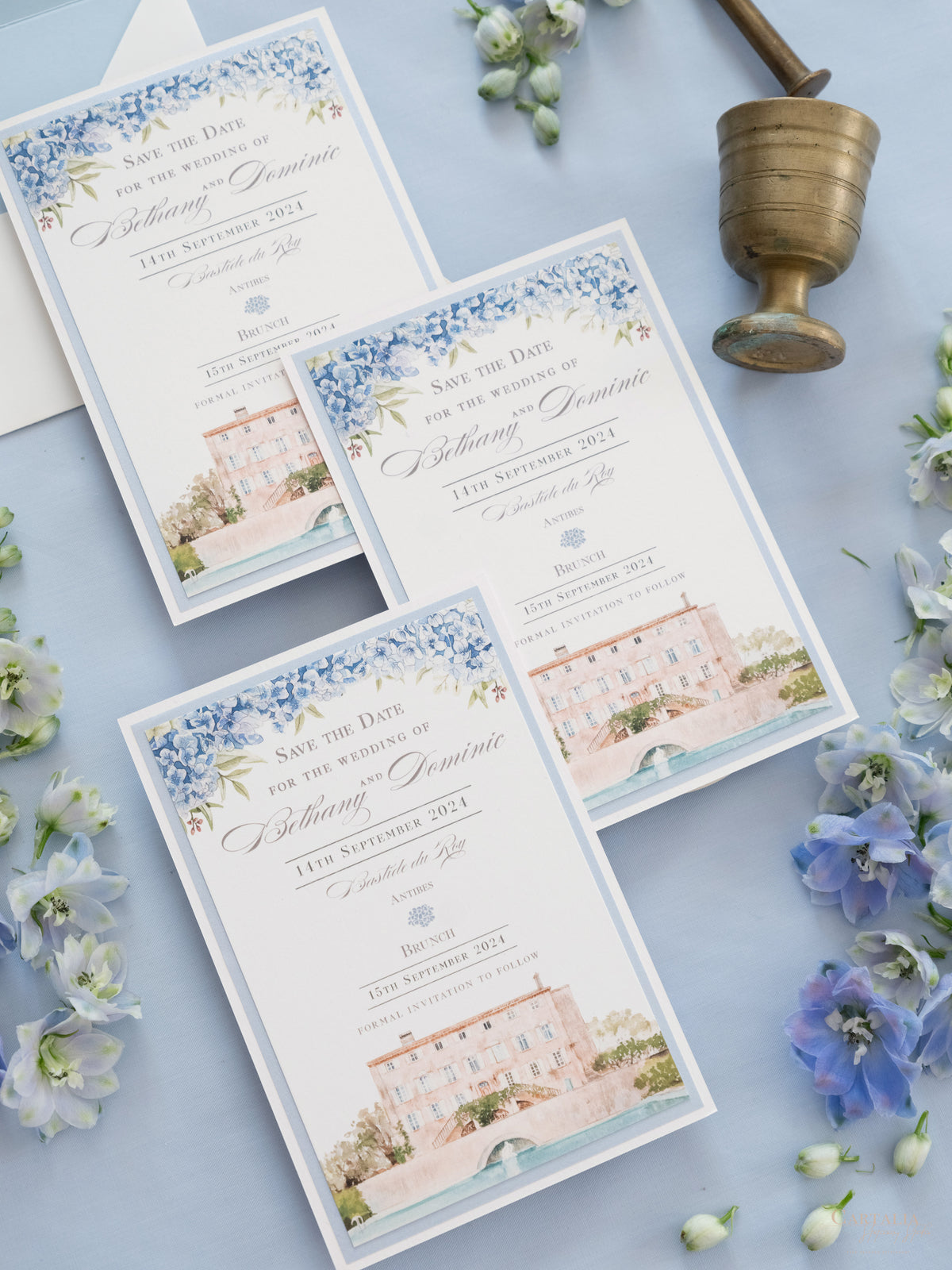 Invito personalizzato per la location del matrimonio in acquerello con lamina d'oro | Villa Regina Teodolinda | Lago di Como