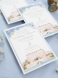 Invito personalizzato per la location del matrimonio in acquerello con lamina d'oro | Villa Regina Teodolinda | Lago di Como