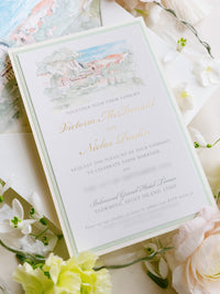 Invito personalizzato per la location del matrimonio in acquerello con lamina d'oro | Villa Regina Teodolinda | Lago di Como