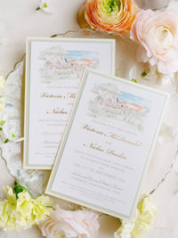 Invito personalizzato per la location del matrimonio in acquerello con lamina d'oro | Villa Regina Teodolinda | Lago di Como