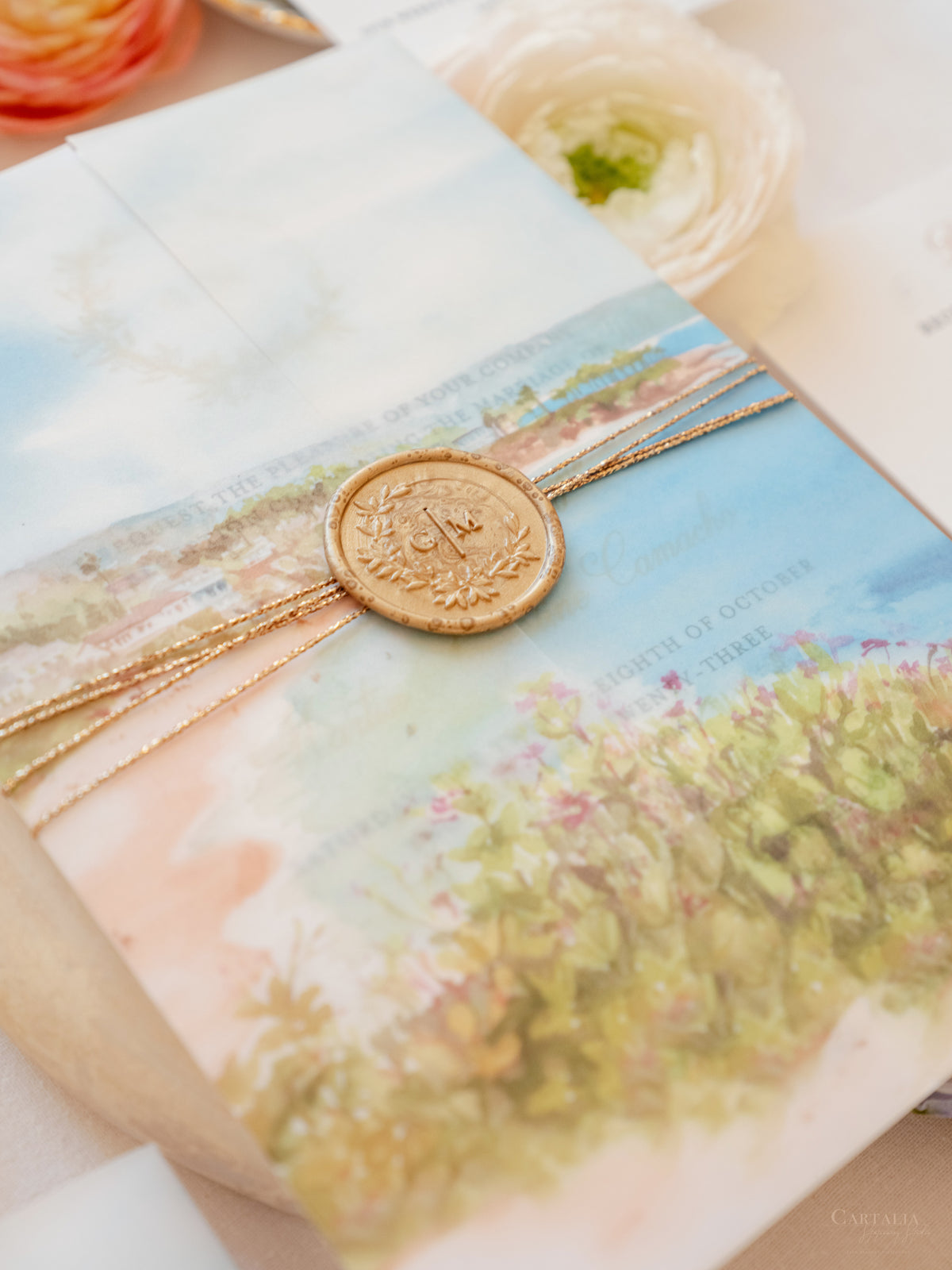 Acquerello l'invito per la tua sede su pergamena con sigillo in ceralacca Suite per invito a nozze | CAMPIONE